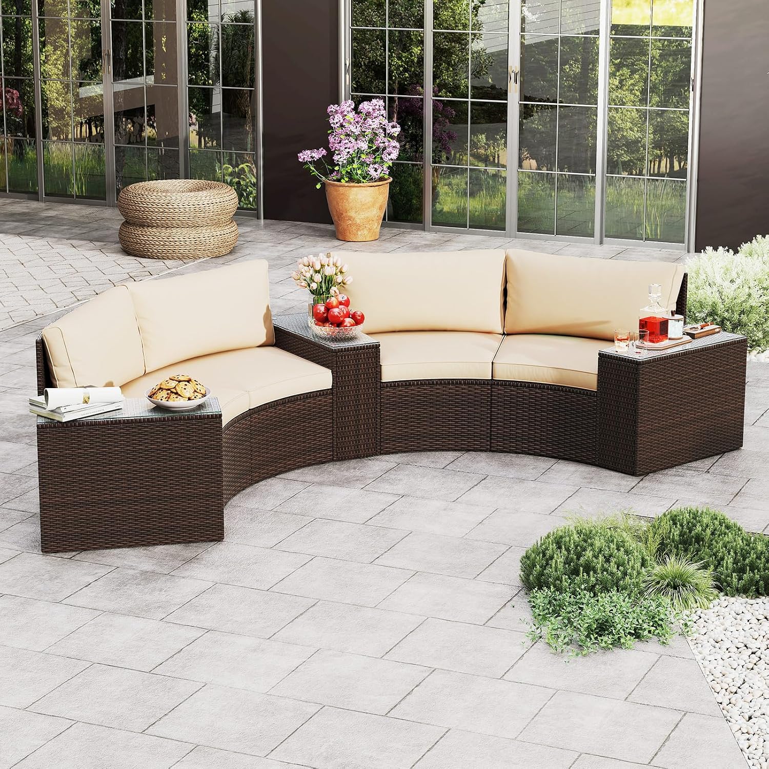 Tangkula 5 Pieces Patio Furniture Set, PE Rattan Half-Moon Curved Sectional Sofas with Tempered Glass Top Side Tables, Outdoor Conversation Set for Porch, Backyard & Poolside (Beige) | Breathable material
