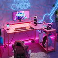 Bestier 52' Gaming Desk with Integrated Power Outlet & USB Ports, L-Shaped Computer Desk with LED Strip & Headphone Hooks, Perfect for Home Office Pink