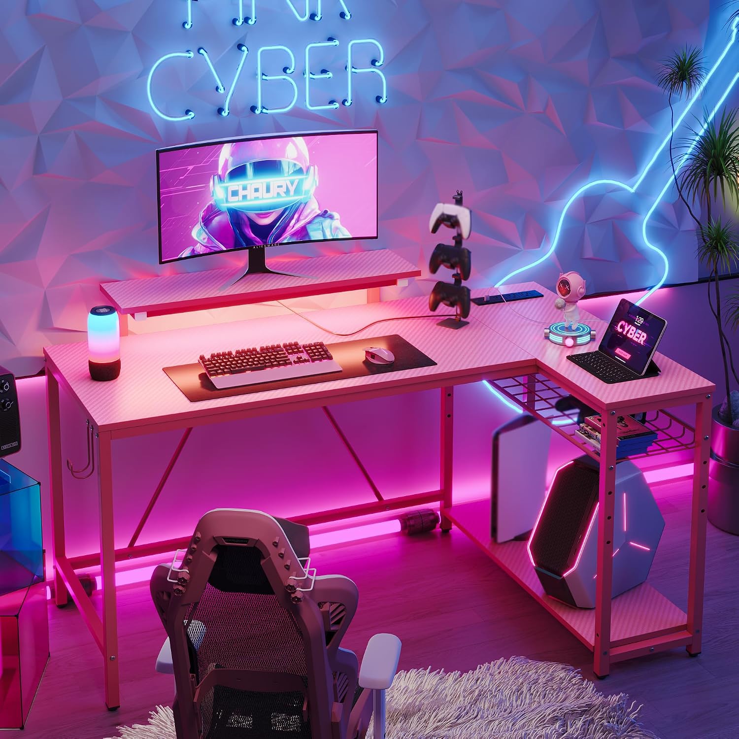 Bestier 52' Gaming Desk with Integrated Power Outlet & USB Ports, L-Shaped Computer Desk with LED Strip & Headphone Hooks, Perfect for Home Office Pink