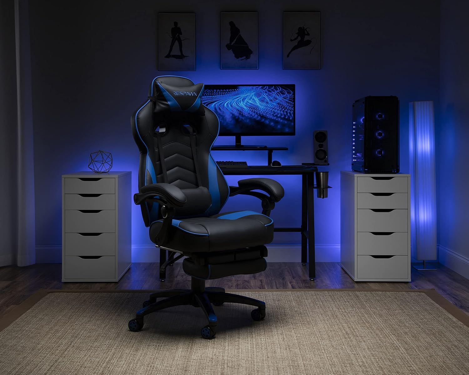 RESPAWN 110 Ergonomic Gaming Chair with Footrest Recliner - Racing Style High Back PC Computer Desk Office Chair - 360 Swivel, Adjustable Lumbar Support, Headrest Pillow, Padded Armrests - 2019 Blue