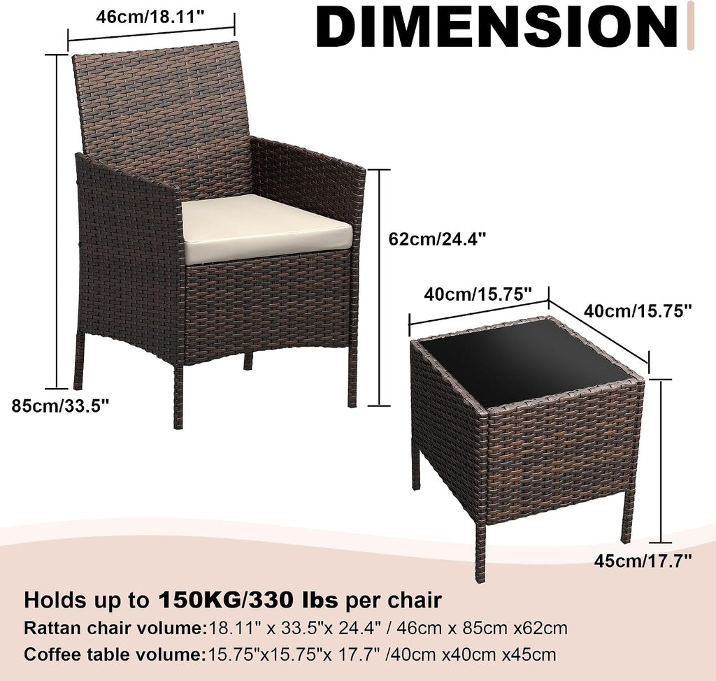 3 Piece Patio Furniture Set, Outdoor Patio Wicker Sofa Set with Upholstery and Glass Table, All Weather Conversation Rattan Sofa for Lawn, Pool, Backyard, Garden, Porch, Brown