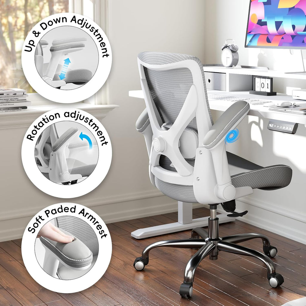 Ergalithic Office Home Ergonomic Desk Chair-Computer X-Shaped Chair Mesh PU Leather with Adjustable Lumbar Support-Executive Chair High Back Flip-Up Arms for Long Hours (White-Grey-No Headrest)