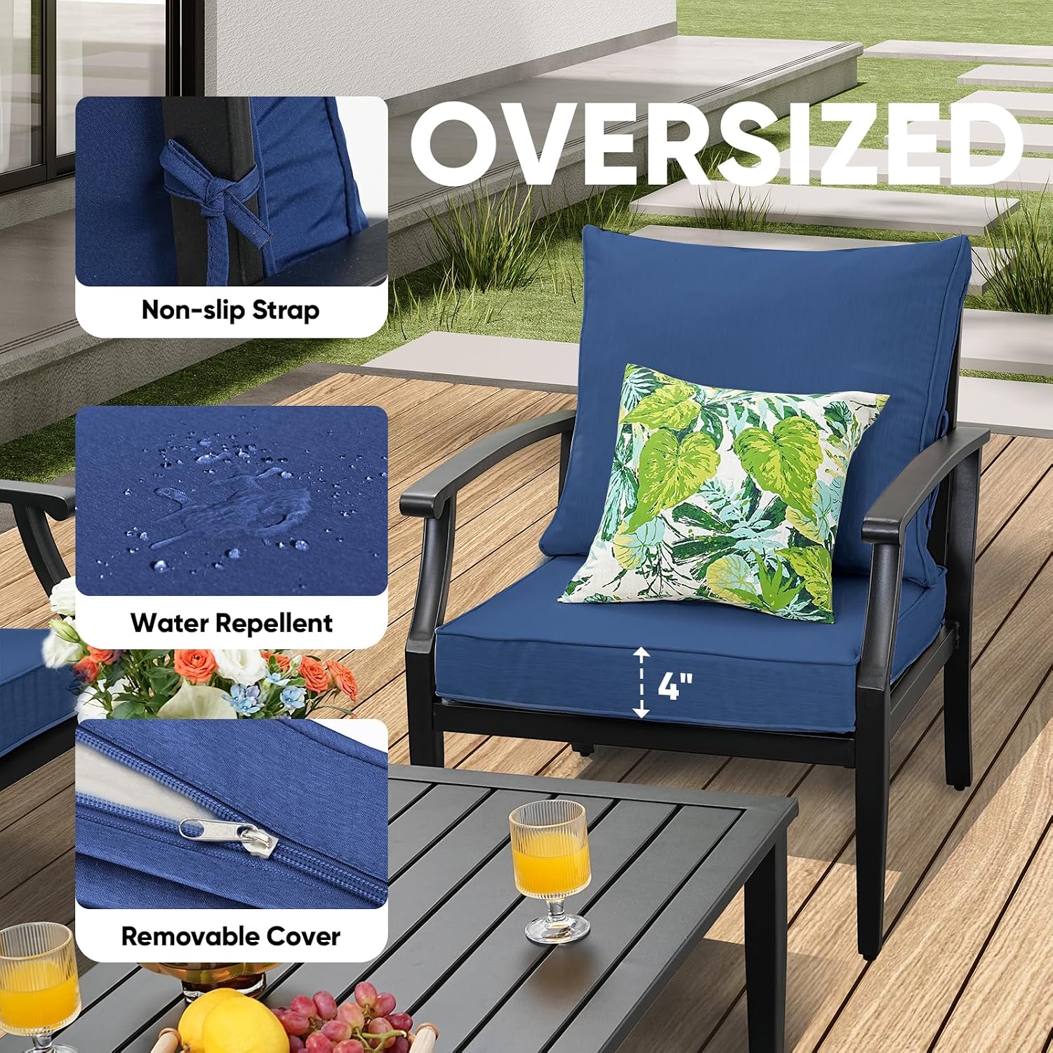 JOYURE 4 Pieces Patio Furniture Set w/loveseat,Coffe Table,Outdoor Conversation Metal Sofa with High Back and Thick Cushion,for Backyard,Garden,Navy