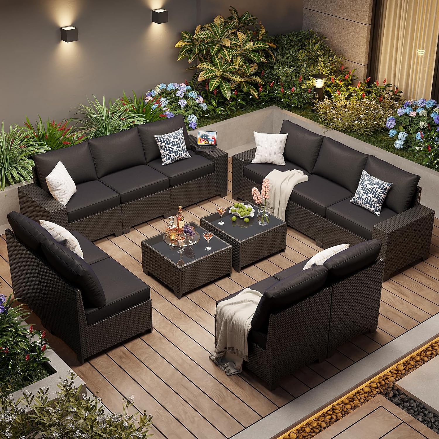 Aoxun Patio Furniture Set, 12 Pcs Outdoor Patio Furniture Sets with 4 in Thicken Cushion and Coffee Table, Widen Armrests Wicker Outdoor Sectional for Backyard & Garden, Black