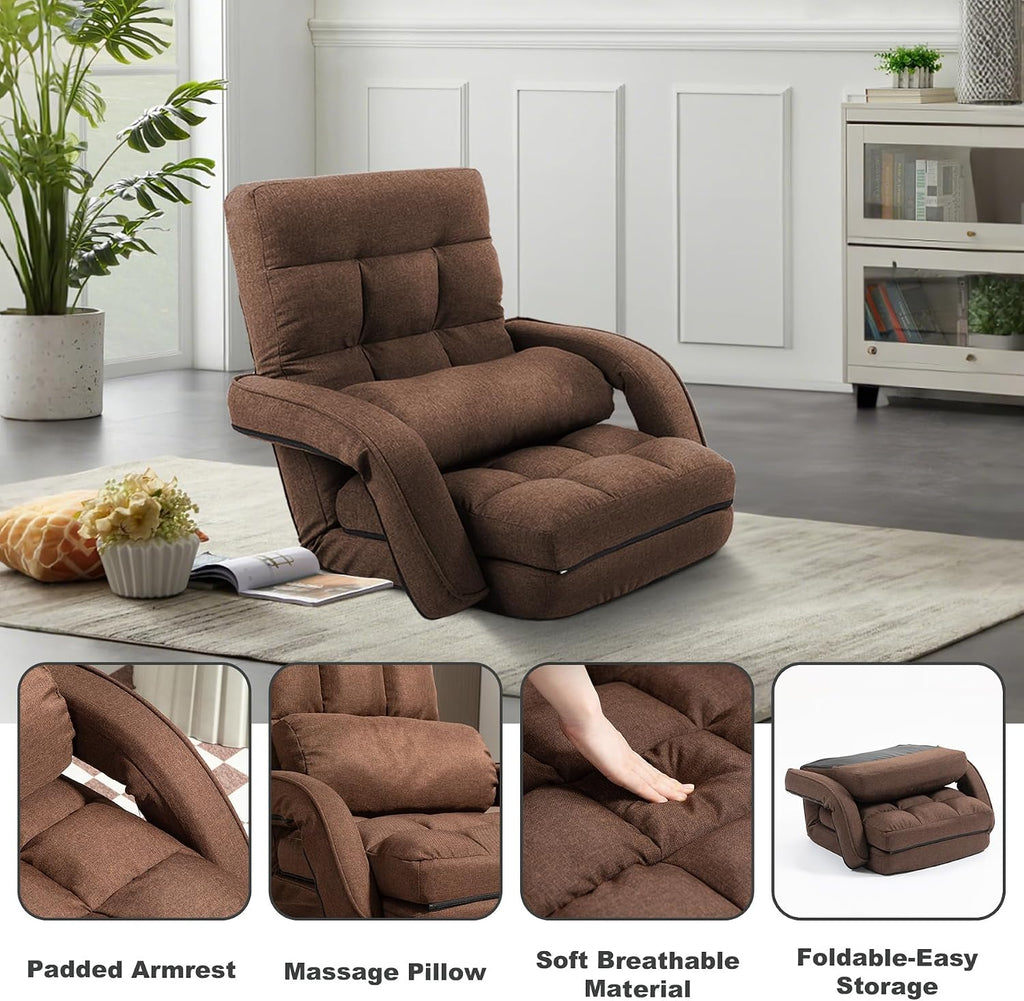 Indoor Floor Chair with Armrest and Pillow Folding Chaise Lounge Sofa 14-Position Adjustable Comfy Gaming Recliner Chair Padded Seats for Adults (Brown)