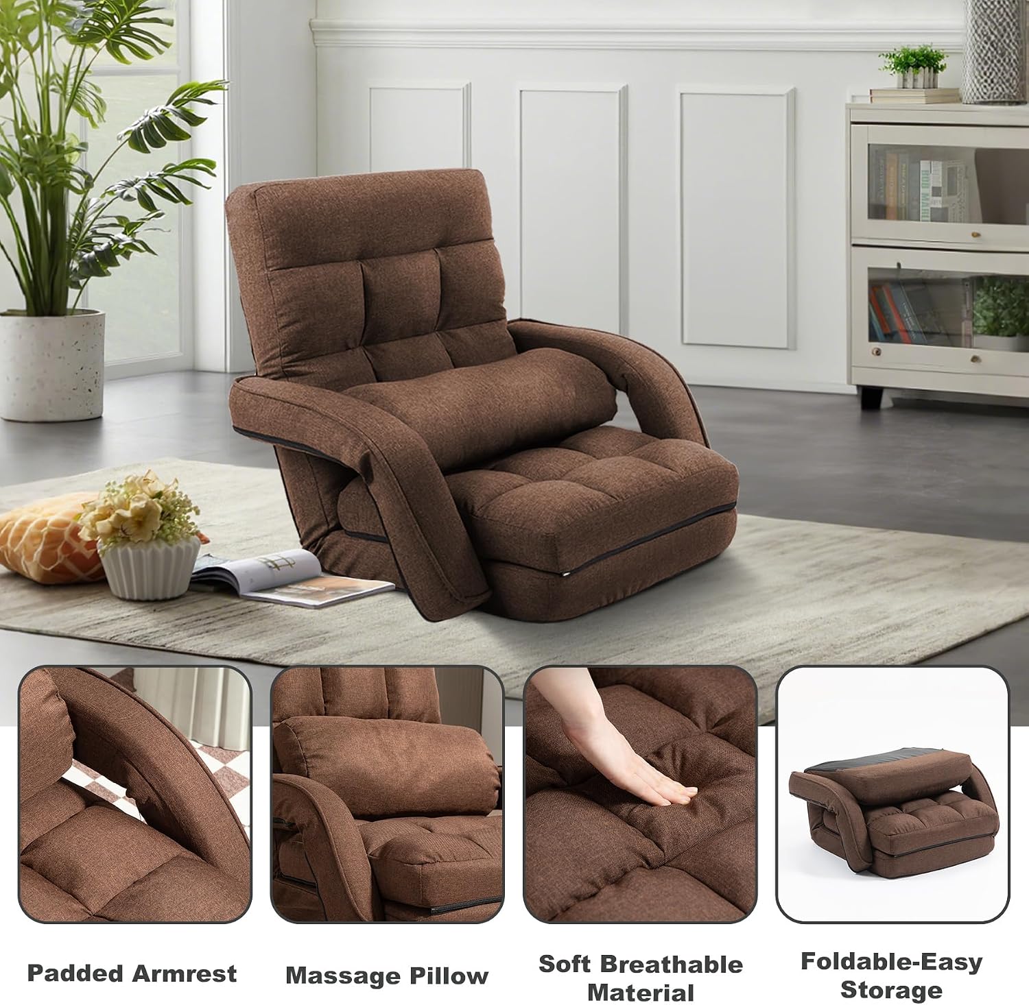 Indoor Floor Chair with Armrest and Pillow Folding Chaise Lounge Sofa 14-Position Adjustable Comfy Gaming Recliner Chair Padded Seats for Adults (Brown)