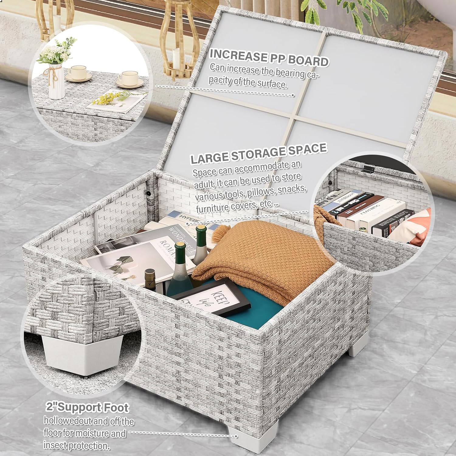 WAROOM Patio Furniture Set 6 Piece PE Rattan Outdoor Conversation Sets Grey Wicker Couch Sectional Sofa with Storage Coffee Table and Peacock Blue Cushion