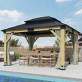 GARTOO 11'x13' Outdoor Patio Wooden Gazebo - Patio Galvanized Steel Hardtop Pavilion with Double Curtains, Vented Wood Gazebo for Garden, Porch, Poolside, Lawn, Backyard