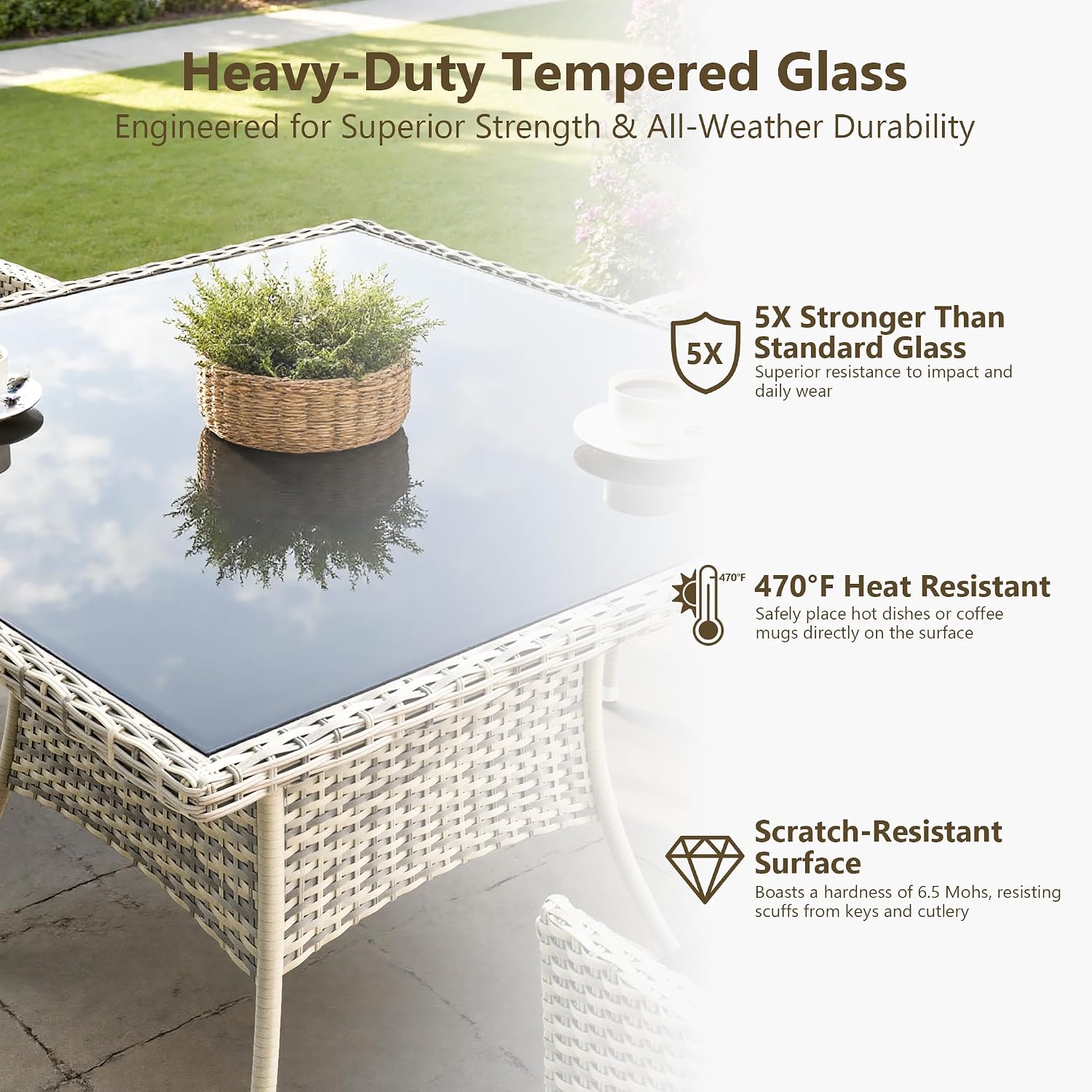 Outdoor Dining Set, 5-Piece Patio Furniture Set with Tempered Glass Table and 4 Cushioned Chairs, Dual-Strand Wicker Rattan, Balcony Furniture for Backyard, Garden, Deck,– Gray