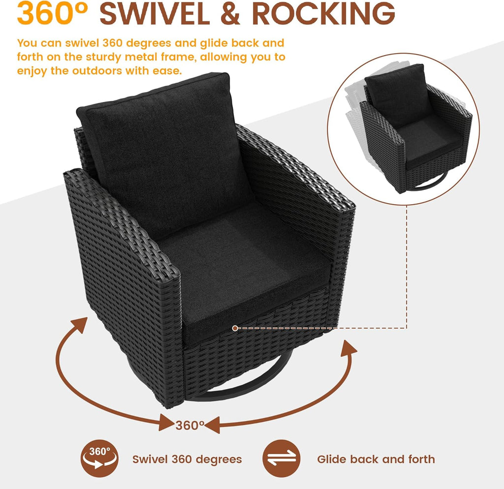 UDPATIO Patio Furniture Set, 6 Pieces Outdoor Sectional Couch with Swivel Rocking Chair, Gray Wicker Rattan Sofa with Side Table, 4' Thick Cushion for Garden Backyard Deck,Black