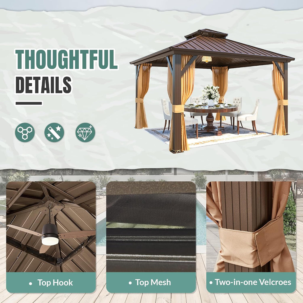 MELLCOM 10' x 10' Gazebo, Hardtop Double Roof Gazebo with Aluminum Frame, Galvanized Steel Outdoor Pavilion with Curtain and Netting for Patio, Garden, Lawn, Brown