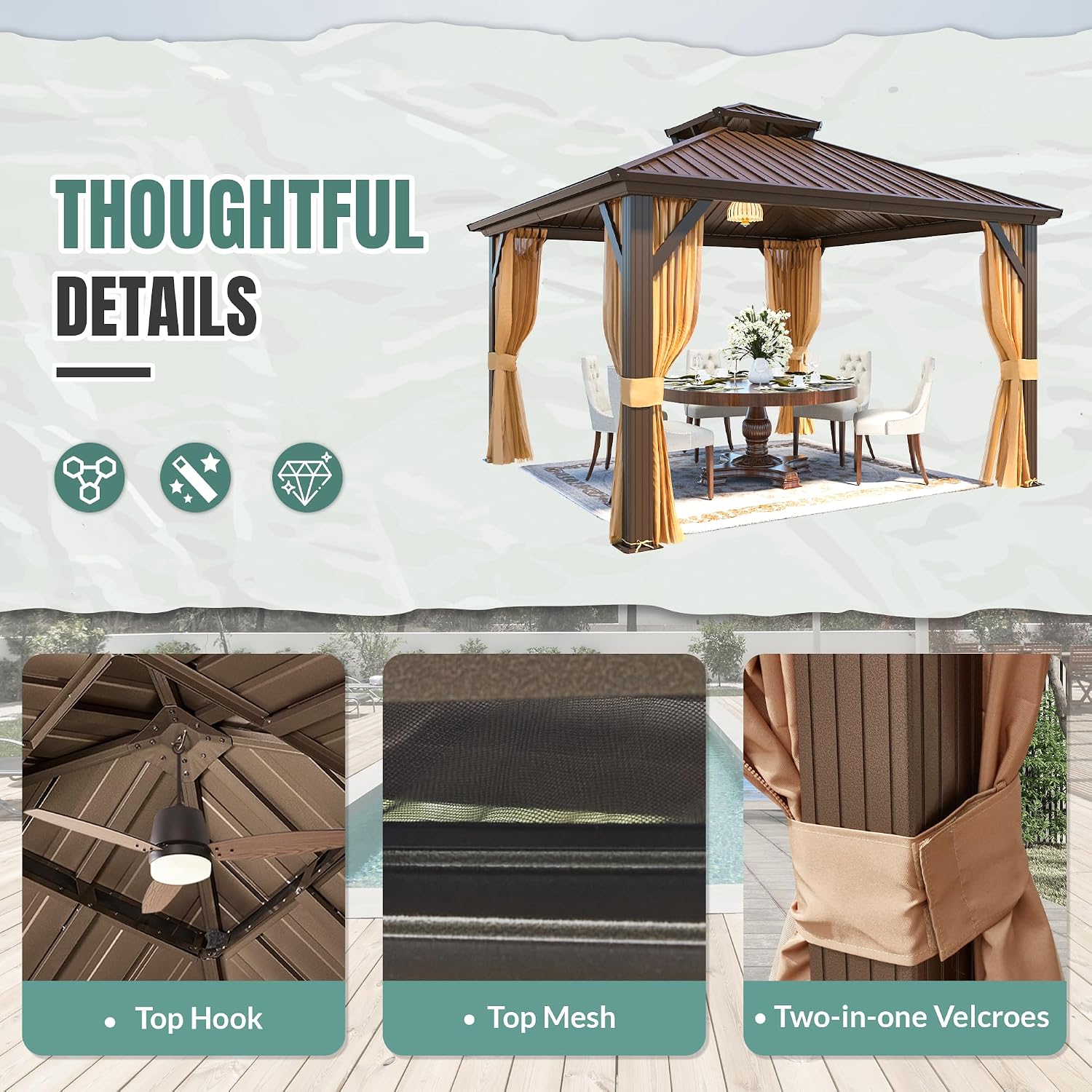 MELLCOM 10' x 10' Gazebo, Hardtop Double Roof Gazebo with Aluminum Frame, Galvanized Steel Outdoor Pavilion with Curtain and Netting for Patio, Garden, Lawn, Brown