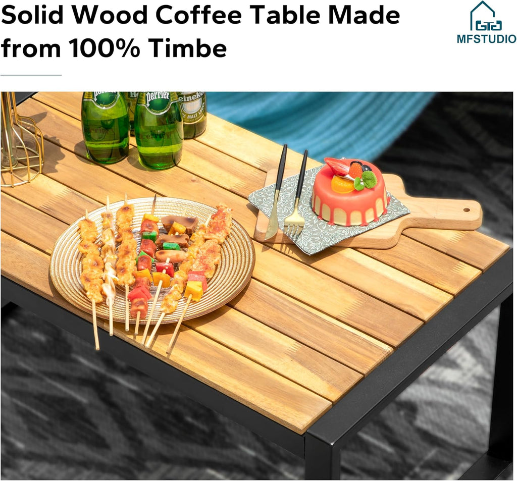 MFSTUDIO 4 Pieces Outdoor Patio Furniture Set, Outdoor Small Brown Rattan Sofa with Acacia Wood Table & Chairs, Patio Loveseat Furniture Set for 4, Beige