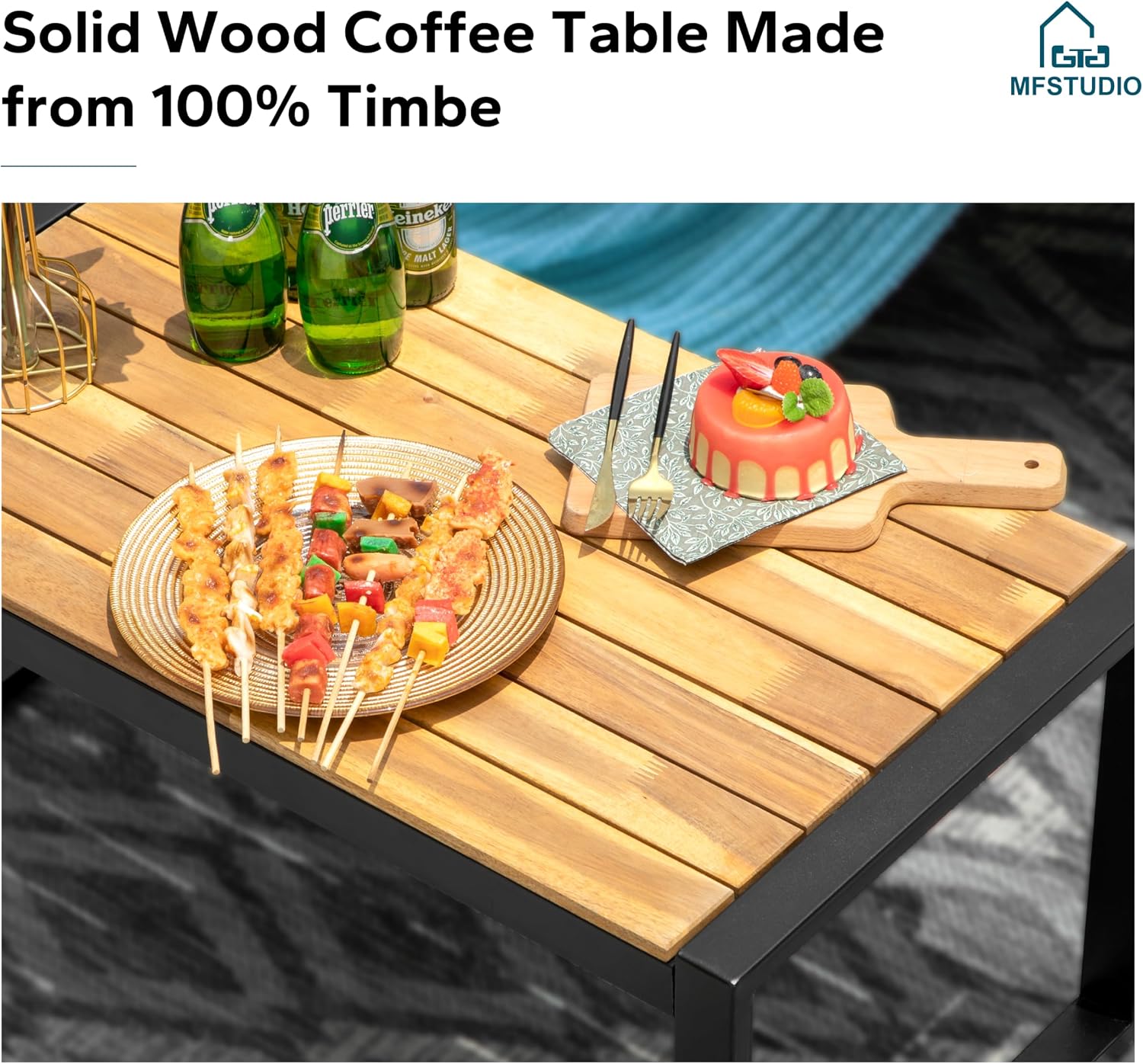 MFSTUDIO 4 Pieces Outdoor Patio Furniture Set, Outdoor Small Brown Rattan Sofa with Acacia Wood Table & Chairs, Patio Loveseat Furniture Set for 4, Beige