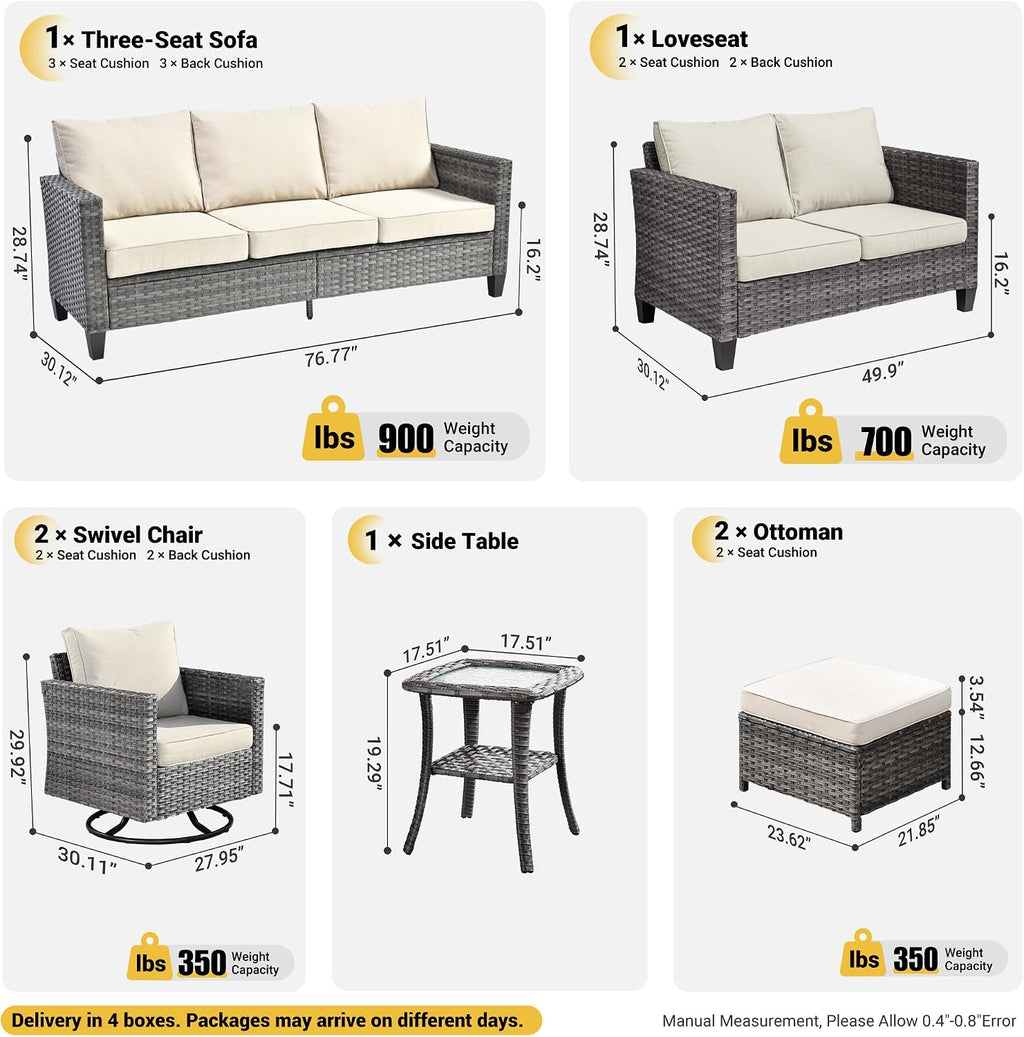 ovios 7-Pieces Patio Furniture Set, Outdoor Wicker Sofa Couch with Swivel Glider Chairs Loveseat Comfy Cushions Modern Conversation Set for Backyard Porch, Beige