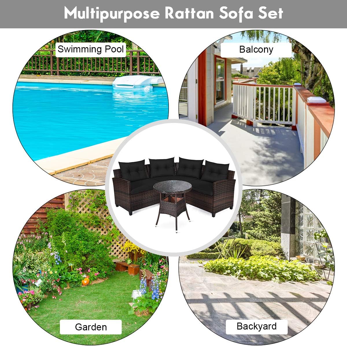 Tangkula 4-Piece C Shape Patio Furniture Set, Outdoor Corner Wicker Rattan Sectional Cushioned Sofa Set, with Glass Coffee Table, for Garden Poolside Balcony (Black)