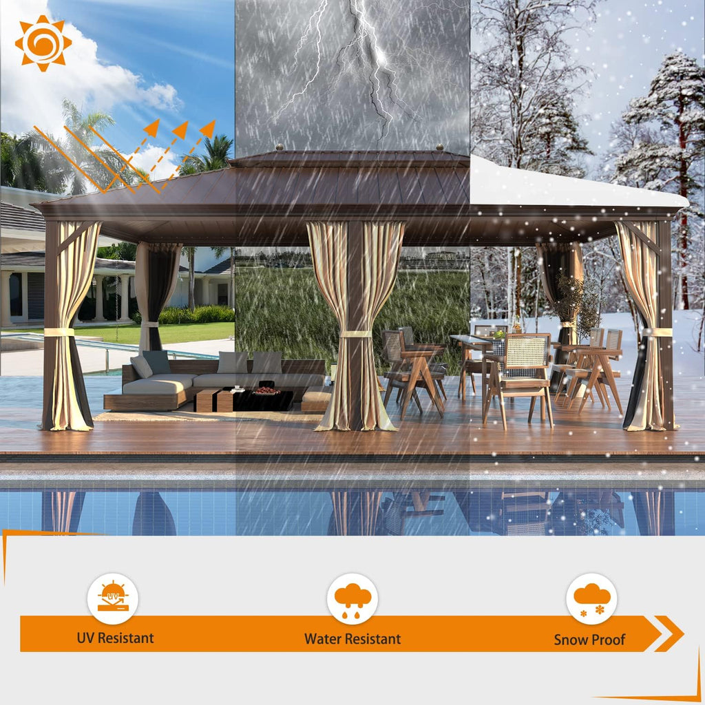 MELLCOM 14'x20' Hardtop Gazebo, Galvanized Steel Metal Double Roof Aluminum Gazebos with Curtain and Netting, Brown Permanent Pavilion Gazebo with Aluminum Frame for Patios, Gardens, Lawn