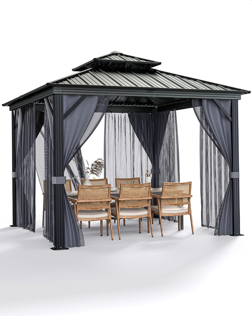 GarveeHome Outdoor Gazebo 10x10 Hardtop, Permanent Pavilion with Aluminum Frame, Double Roof, Mosquito Net & Privacy Curtains. Ideal Canopy Tent for Patio, Garden, Deck.Carpa para Patio for Parties