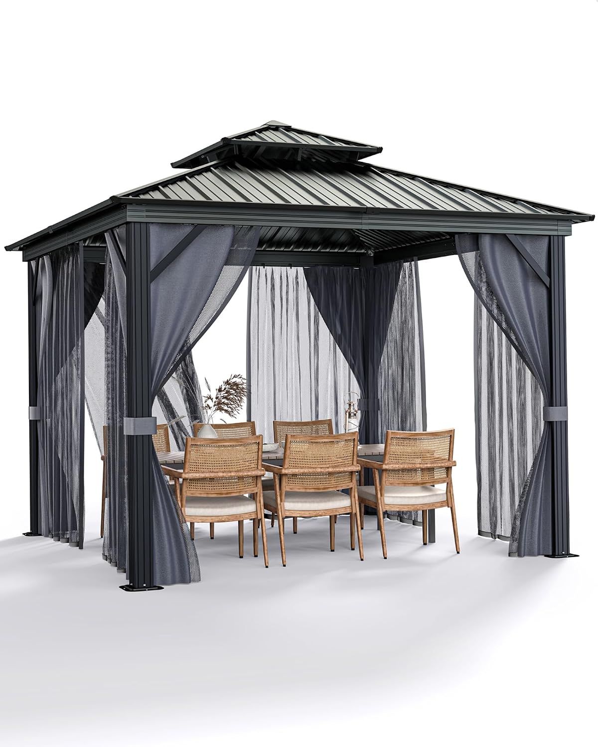 GarveeHome Outdoor Gazebo 10x10 Hardtop, Permanent Pavilion with Aluminum Frame, Double Roof, Mosquito Net & Privacy Curtains. Ideal Canopy Tent for Patio, Garden, Deck.Carpa para Patio for Parties