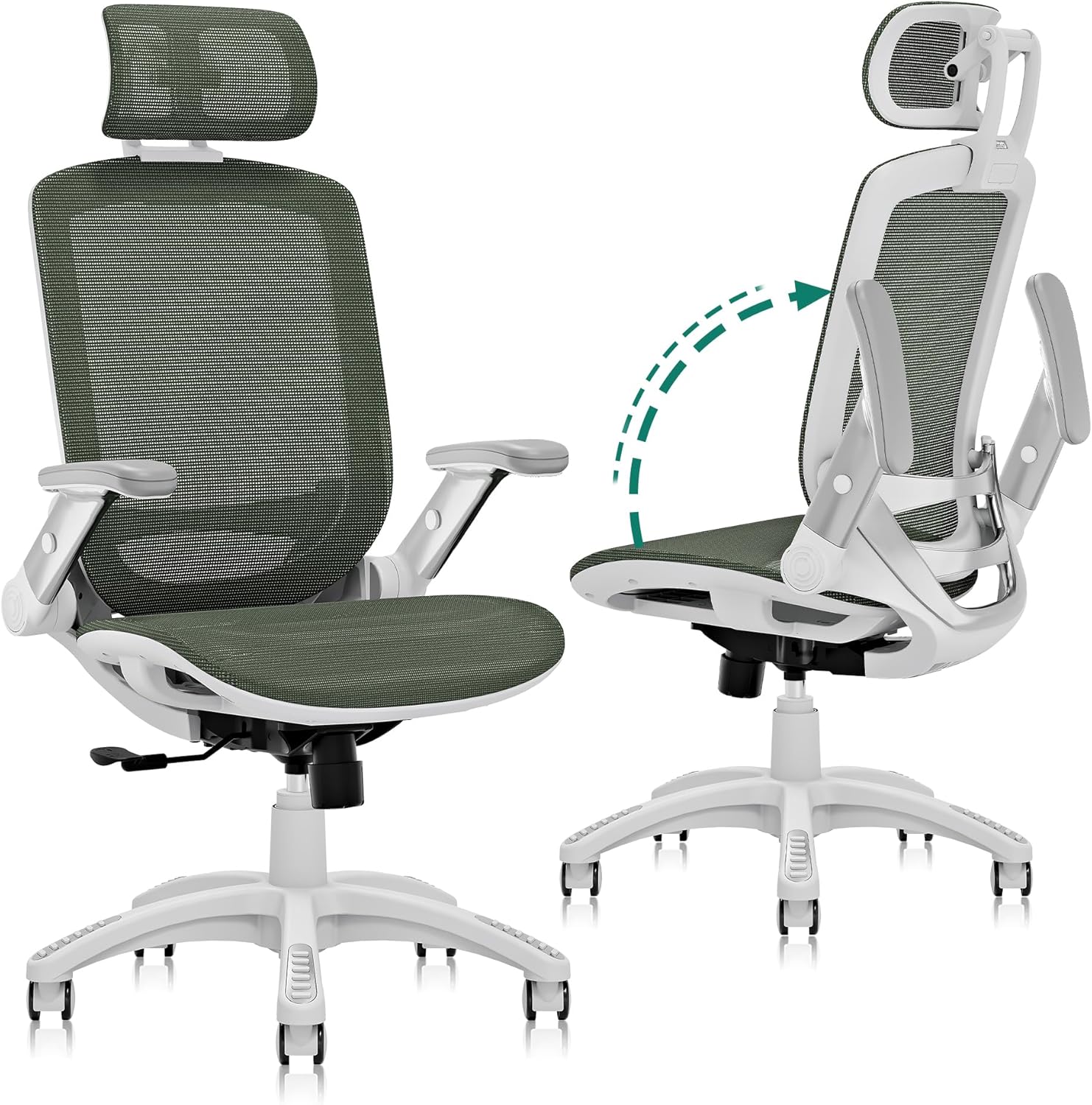 GABRYLLY Ergonomic Office Chair, High Back Home Desk Chair with Headrest, Flip-Up Arms, 90-120° Tilt Lock and Wide Cushion, 300LBS Mesh Chairs for Man Woman, White Task Chair(Olive Green,GY01WOG)
