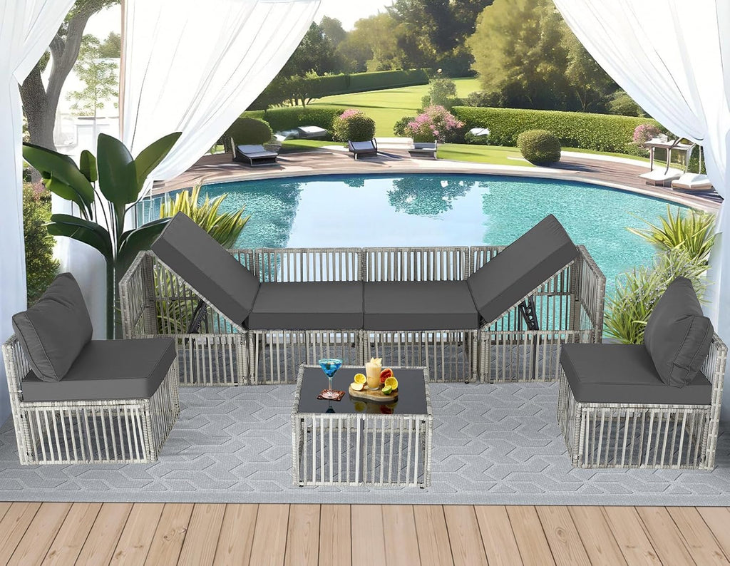 FHFO 7 Pieces Outdoor Patio Furniture Set, Wicker Outdoor Sectional Conversation Couch Set with Adjustable Backrest Sofa, Thick Cushion & Coffee Table for Garden, Porch, Poolside, Grey/Grey
