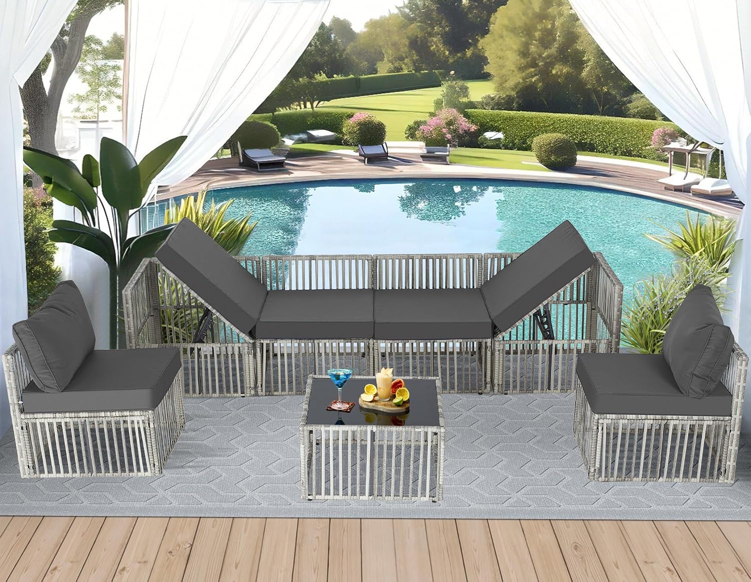 FHFO 7 Pieces Outdoor Patio Furniture Set, Wicker Outdoor Sectional Conversation Couch Set with Adjustable Backrest Sofa, Thick Cushion & Coffee Table for Garden, Porch, Poolside, Grey/Grey