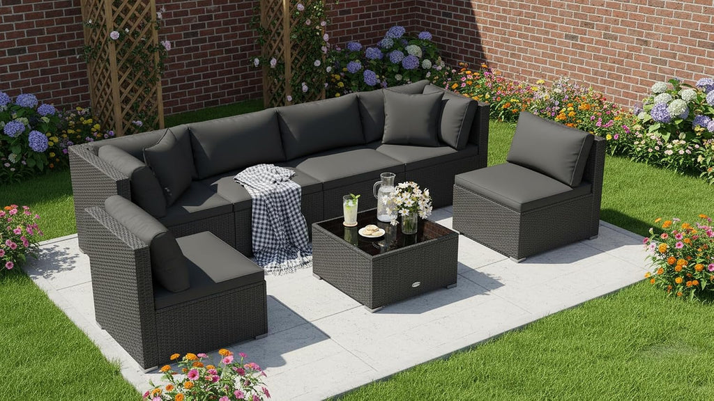 Tangkula 7 Pieces Wicker Patio Furniture Set, Outdoor Sectional Rattan Sofa Set for 6 with Seat & Back Cushions, Pillows, Coffee Table, Modular Conversation Set for Backyard, Poolside, Deck & Garden