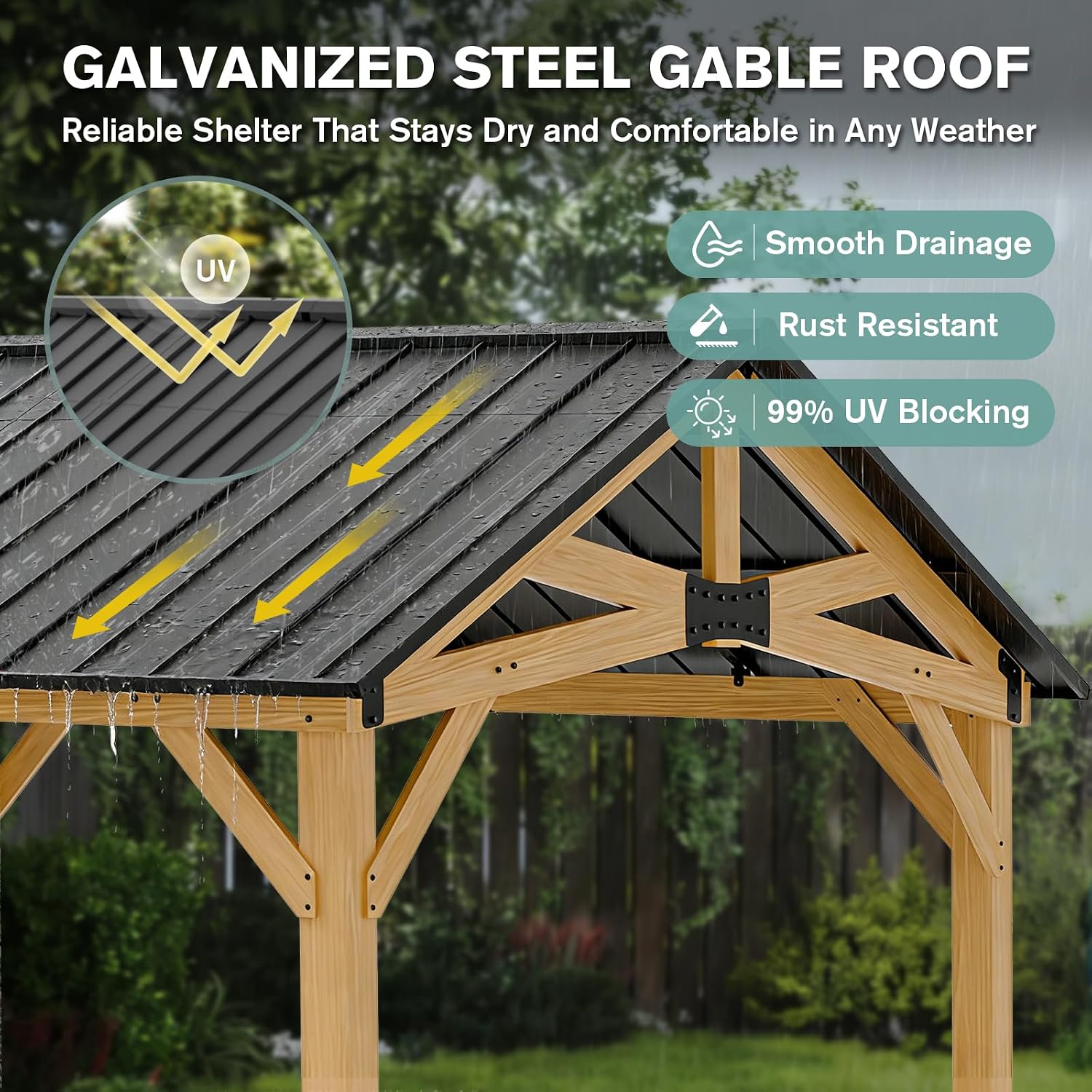 COOS BAY 11x13 Hardtop Gazebo with Cedar Wood Frame, Post-and-Beam Gazebo Shelter, Galvanized Steel Gable Roof with UV Protection for Garden, Patio, Poolside, Backyard, Natural Wood/Black
