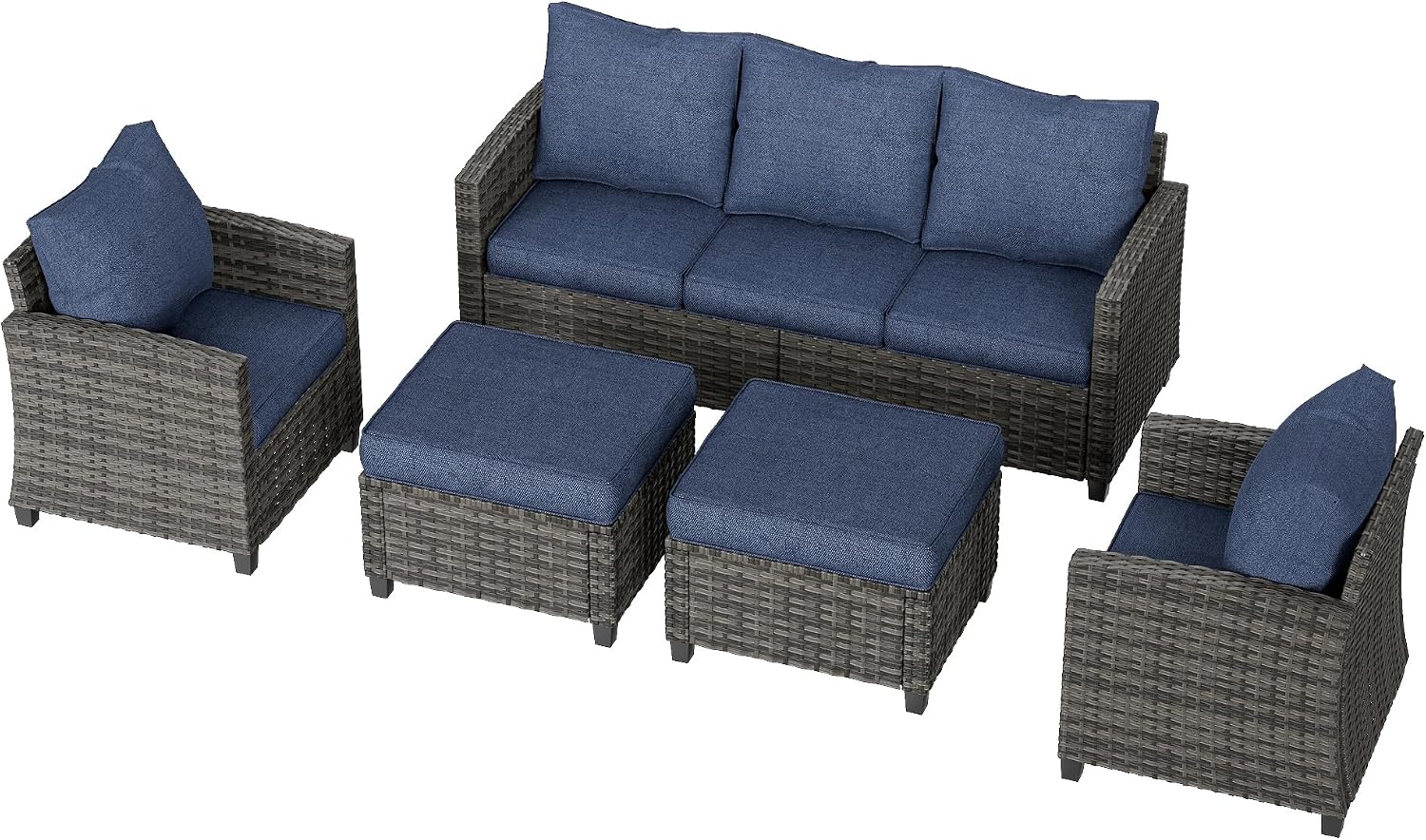 UDPATIO Patio Furniture Set, 5 Pieces Outdoor Sectional Sofa Set, All-Weather Wicker Rattan High Back Outdoor Conversation Set with Ottoman for Poolside, Backyard, Grey Wicker Navy Blue Cushion