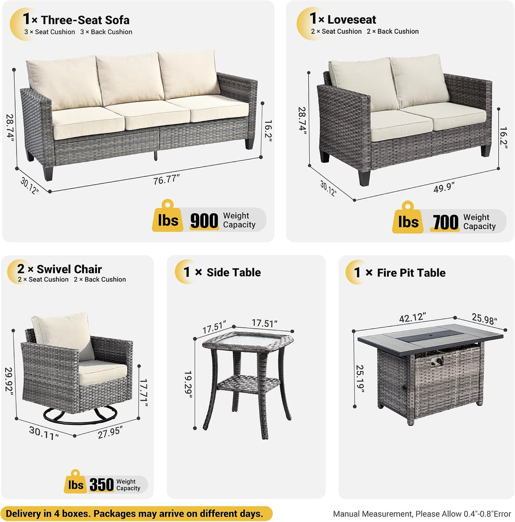 ovios 6 Pieces Patio Furniture Set with Rectangular Fire Pit Table, Swivel Rocking Chairs, Loveseat, Outdoor High Back Wicker Rattan Conversation Set for Deck Porch, Beige
