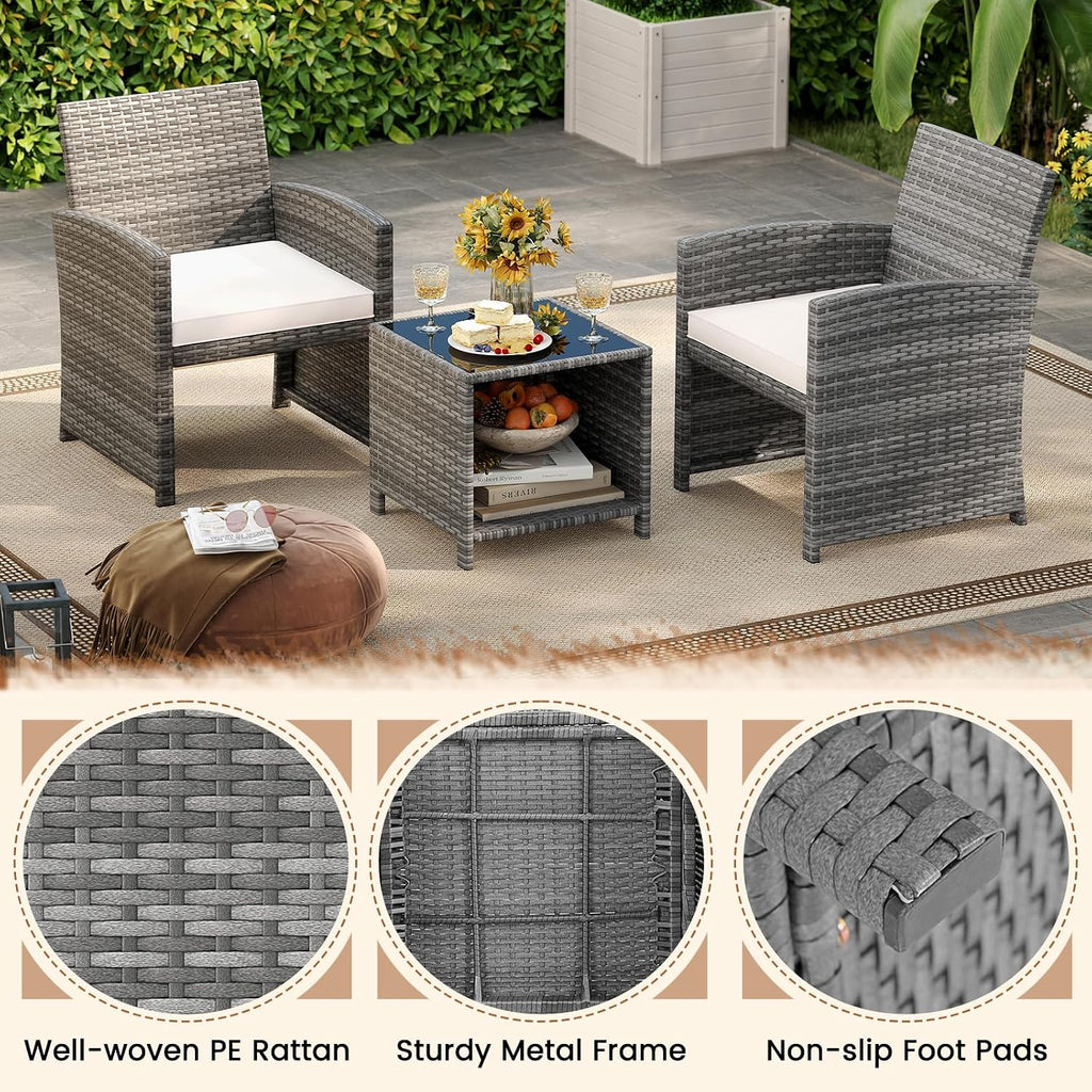 KOTEK 3 Piece Patio Furniture Set, Outdoor Wicker Patio Chairs with Cushions & Storage Table, PE Rattan Bistro Set for Porch, Backyard, Balcony (Off White)