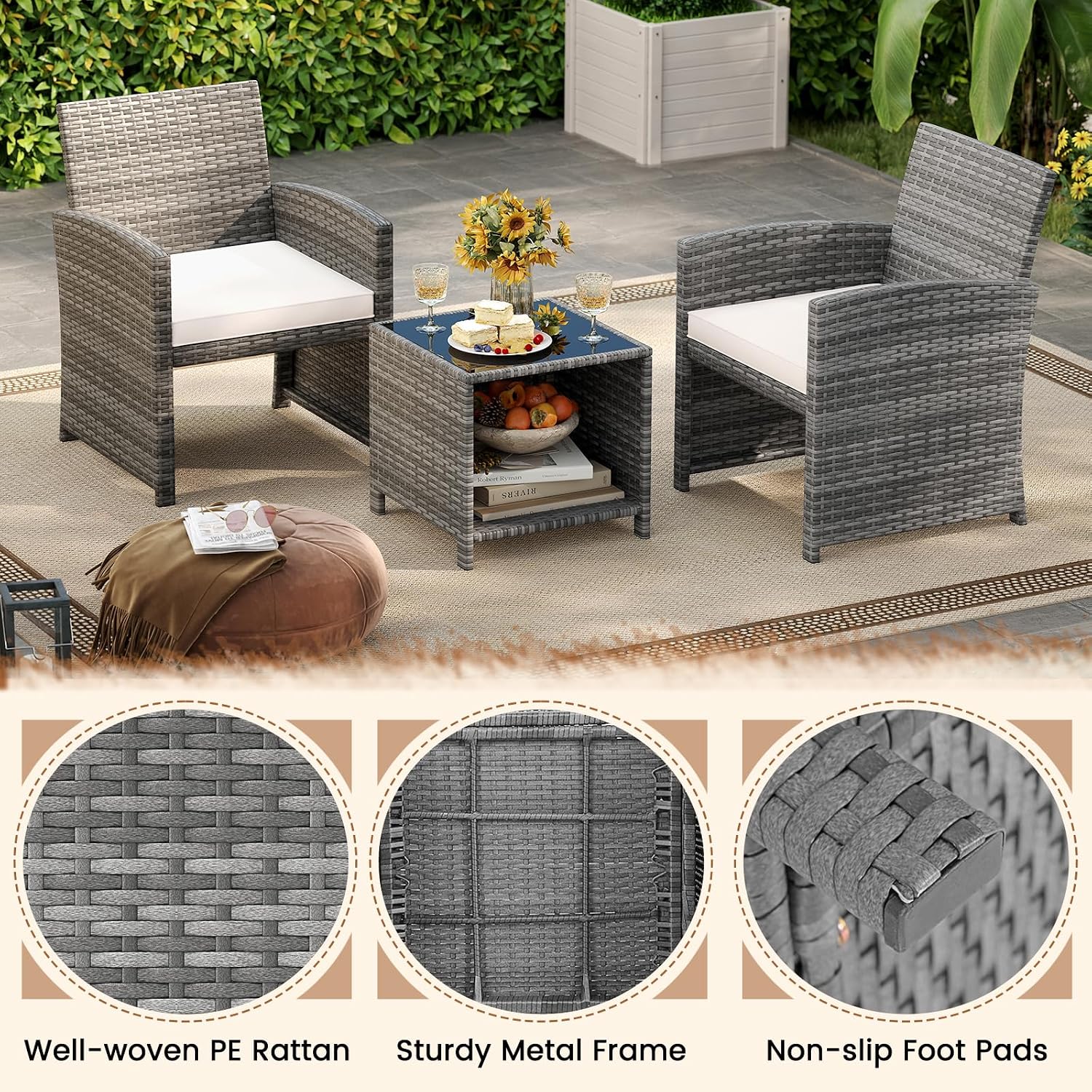 KOTEK 3 Piece Patio Furniture Set, Outdoor Wicker Patio Chairs with Cushions & Storage Table, PE Rattan Bistro Set for Porch, Backyard, Balcony (Off White)