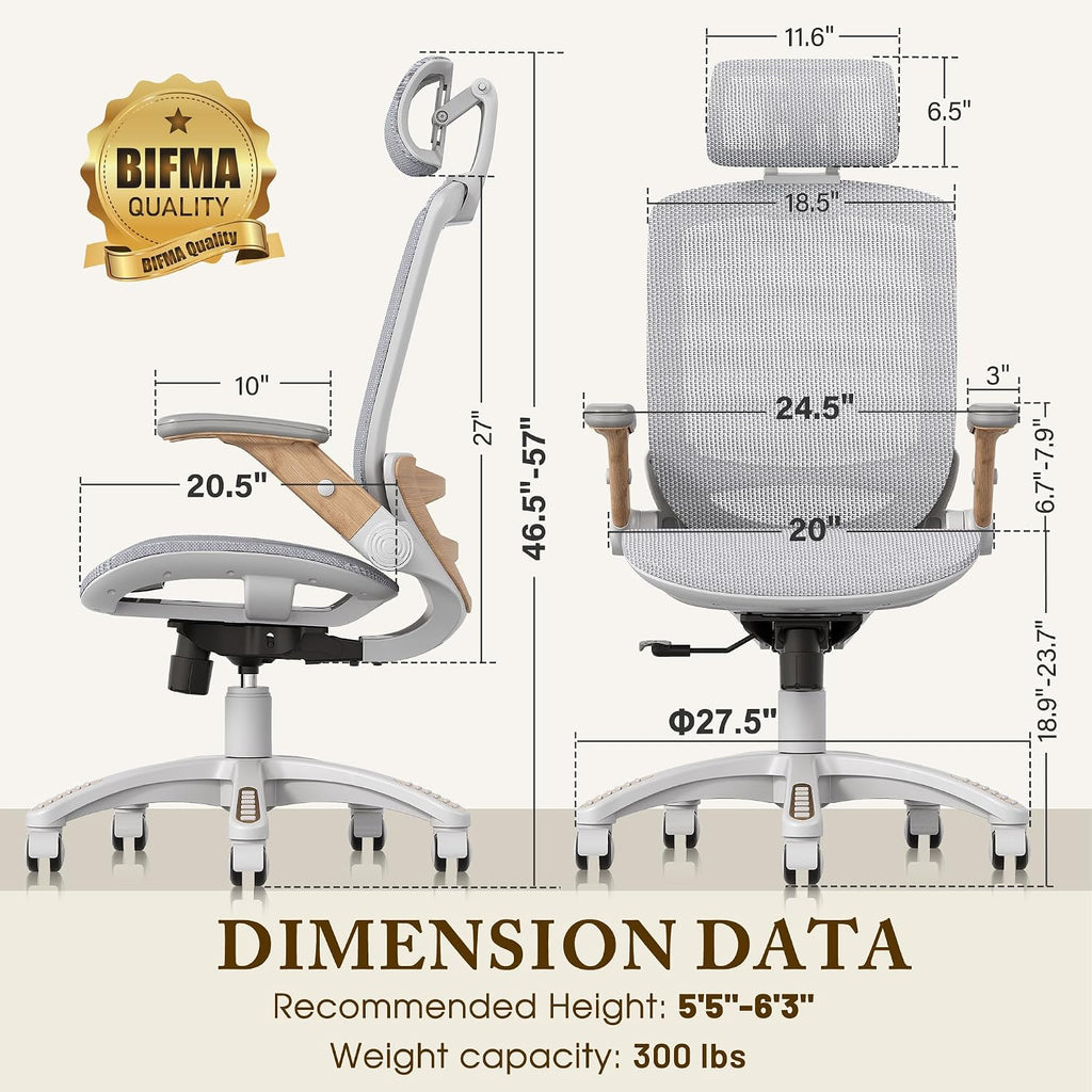 GABRYLLY Ergonomic Office Chair, High Back Home Desk Chair with Flip-Up Arms, Headrest, 90-120° Tilt and Wide Cushion, 300LBS White Mesh Chair for Work Gaming Study (GY01-NT, Woodgrain Pattern)