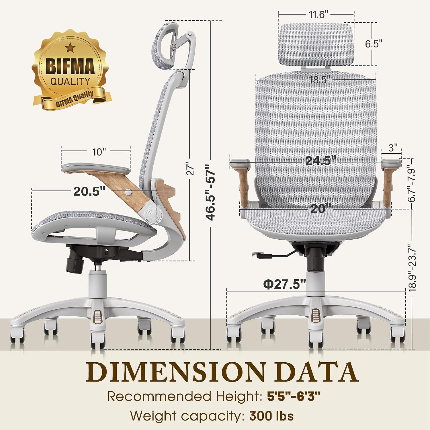 GABRYLLY Ergonomic Office Chair, High Back Home Desk Chair with Flip-Up Arms, Headrest, 90-120° Tilt and Wide Cushion, 300LBS White Mesh Chair for Work Gaming Study (GY01-NT, Woodgrain Pattern)