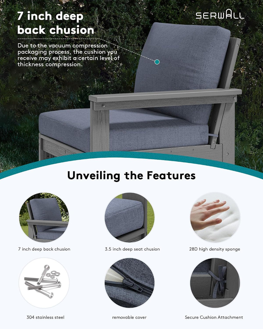 SERWALL HDPE Patio Sofa Set, 4-piece Sectional Outdoor Furniture Set, All Weather Outdoor Couch Set Patio Furniture Set for Deck, Lawn, Grey Frame with Grey Cushion