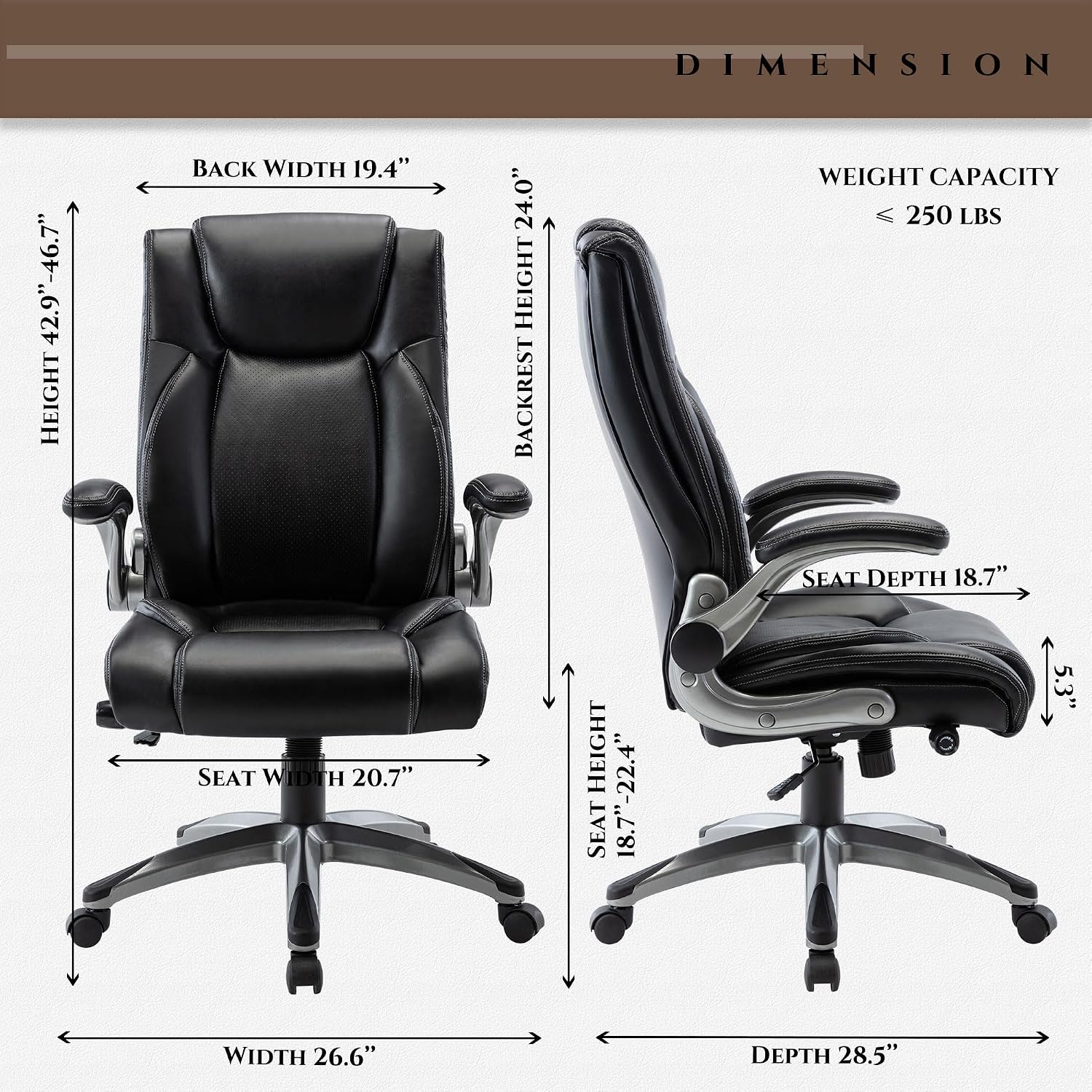 COLAMY Executive Office Ergonomic Chair with Thick Bonded Leather, 300lbs Capacity Big and Tall High Back Desk Chair with Flip-up Armrests, Adjustable Height and Tilt for Working, Study, Gaming,2PC