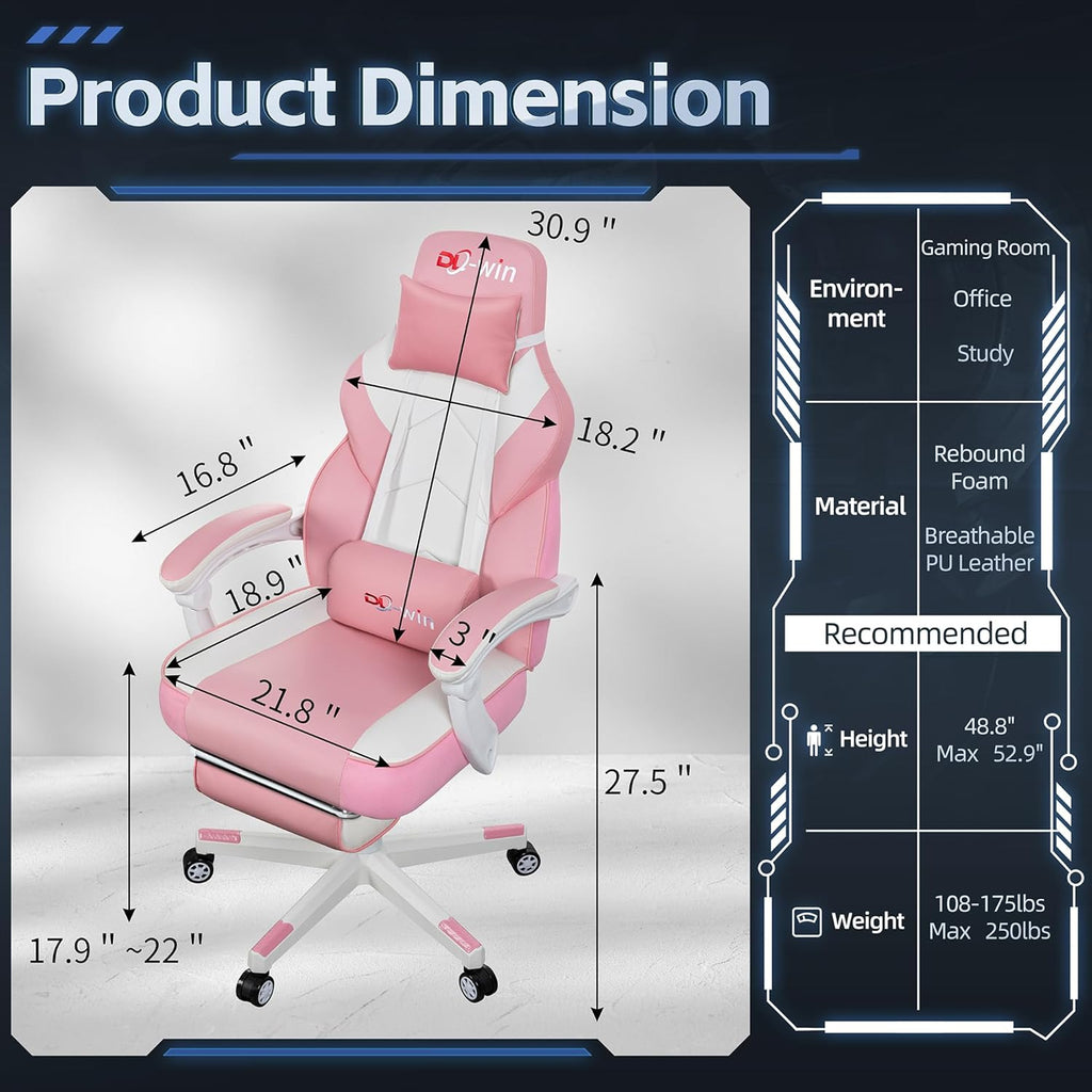 DL-win Video Gaming Chairs for Adults, Gamer Chair with Footrest, High Back, Big and Tall Gamer Chair's with Massage Lumbar Support, 360° Swivel Height Adjustable Computer Chaires, Pink