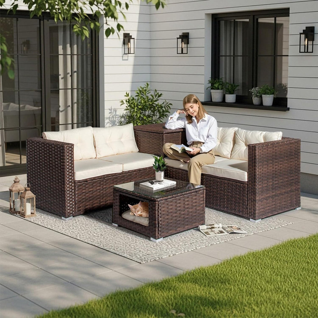 Outvita 4 Piece Outdoor Patio Furniture Set, PE Rattan Conversation Sofa Set, Wicker All-Weather Outside Furniture w/Glass Top Coffee Table with Pet Ped & Hidden Storage for Garden, Balcony (Brown)
