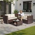 Outvita 4 Piece Outdoor Patio Furniture Set, PE Rattan Conversation Sofa Set, Wicker All-Weather Outside Furniture w/Glass Top Coffee Table with Pet Ped & Hidden Storage for Garden, Balcony (Brown)