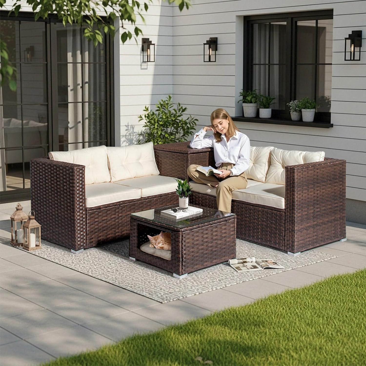 Outvita 4 Piece Outdoor Patio Furniture Set, PE Rattan Conversation Sofa Set, Wicker All-Weather Outside Furniture w/Glass Top Coffee Table with Pet Ped & Hidden Storage for Garden, Balcony (Brown)