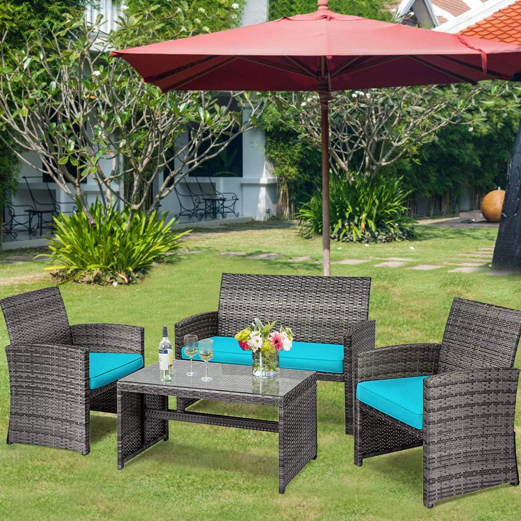 COSTWAY Patio Furniture Set 4 Pieces, Outdoor Wicker Chairs Sofa w/Coffee Table and Soft Cushions, Rattan Conversation Sets for Patio Lawn Backyard Yard Pool Garden, Turquoise