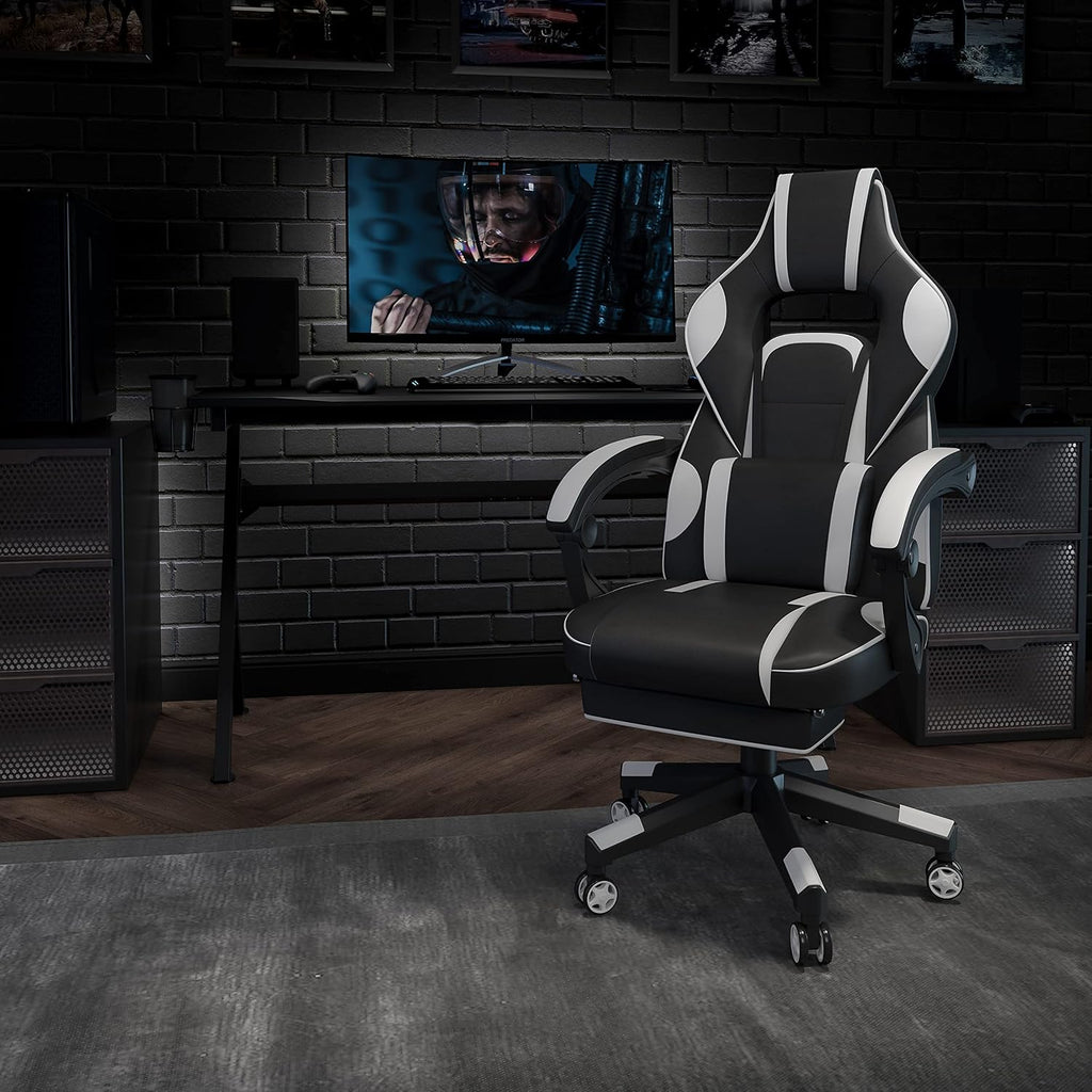 EMMA + OLIVER White Ergonomic Gaming Chair - Reclining Back/Arms, Footrest, Massaging Lumbar