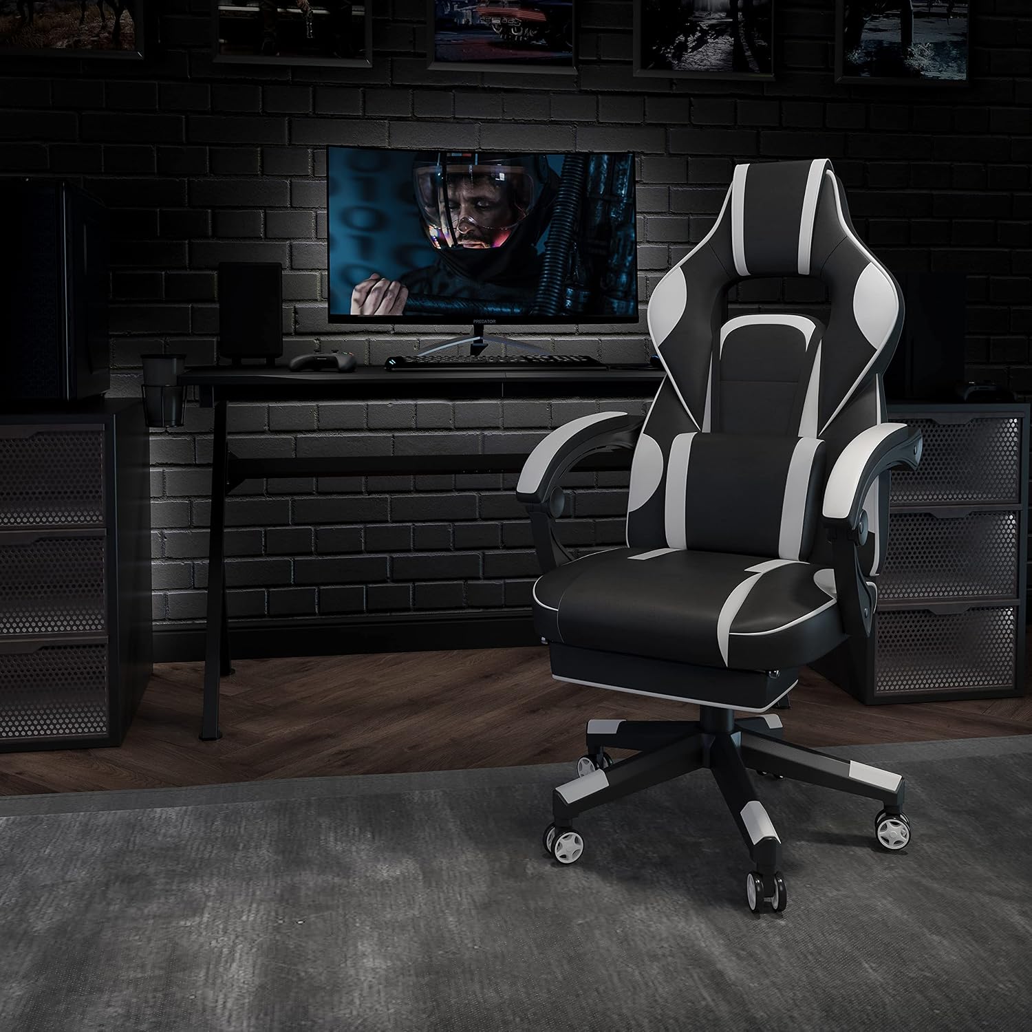 EMMA + OLIVER White Ergonomic Gaming Chair - Reclining Back/Arms, Footrest, Massaging Lumbar