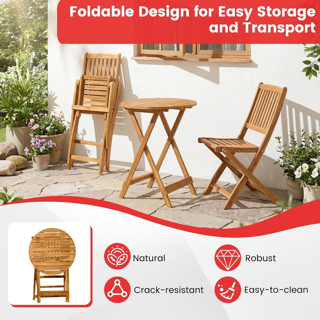Giantex 3Pcs Patio Bistro Set, Wood Folding Table Set, 2 Cushioned Chairs for Garden Yard, Outdoor Furniture Round Table, Natural & Red