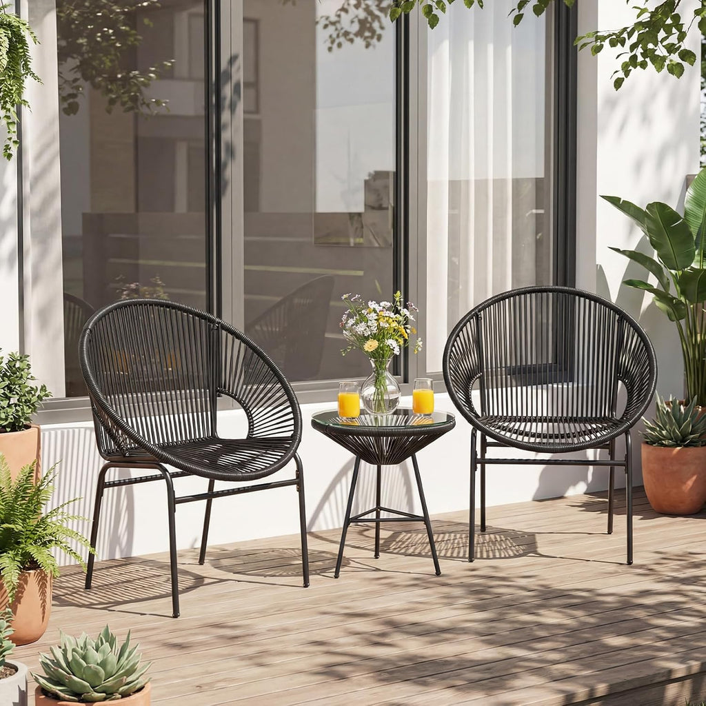 Tangkula 3 Piece Outdoor Patio Furniture Set, Acapulco Chair Set w/Plastic Rope, Tempered Glass Table, All Weather Patio Bistro Set for Patio, Lawn, Garden, Backyard (Black)