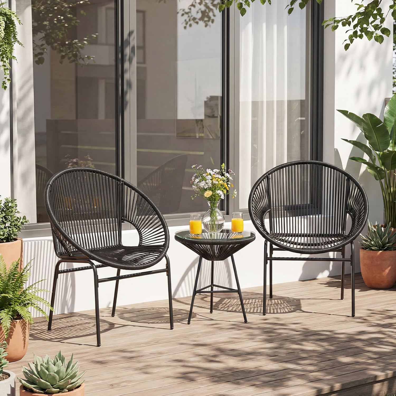 Tangkula 3 Piece Outdoor Patio Furniture Set, Acapulco Chair Set w/Plastic Rope, Tempered Glass Table, All Weather Patio Bistro Set for Patio, Lawn, Garden, Backyard (Black)