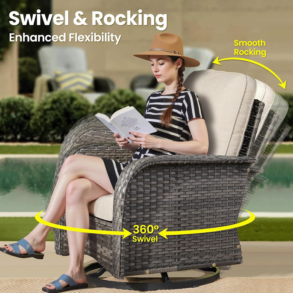 ovios 3-Piece Patio Furniture Set, Outdoor Wicker Sofa with Swivel Chairs, High Back Rattan Gliders Rocker with Comfy Cushions for Porch Yard Deck, Beige