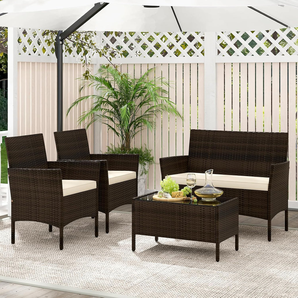 KOTEK 4 Piece Patio Furniture Set, Outdoor Rattan Conversation Set with Loveseat, Wicker Chairs, Tempered Glass Coffee Table, Wicker Patio Set for Backyard, Porch Beige