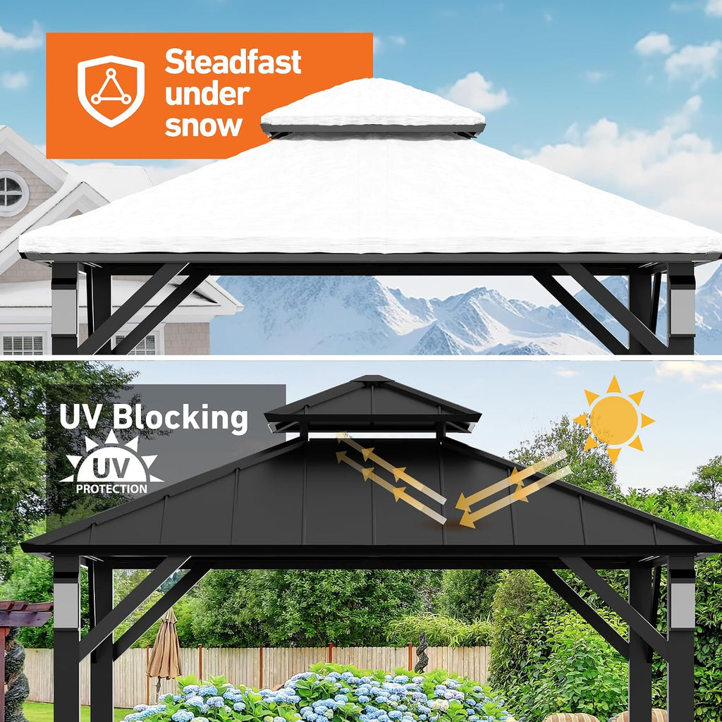 Modern Shade Hardtop Gazebo 10' x 10' with 4 LED Lights, Permanent Metal Gazebo with Galvanized Steel Double Roof & Frame, Hard Top Gazebo with Sturdy Hooks for Backyard, Deck, Garden, Lawn