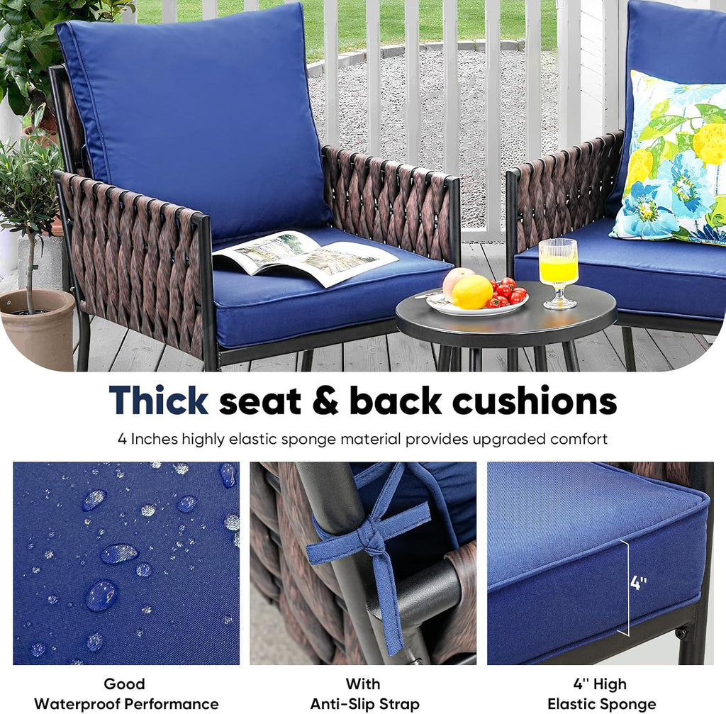 JOYURE 3 Pieces Patio Bistro Set,Patio Furniture Set with 2 Armrest Chairs and Round Side Table,Outdoor Modern Furniture Set with All-Weather Thick Cushion for Deck,Backyard,Navy